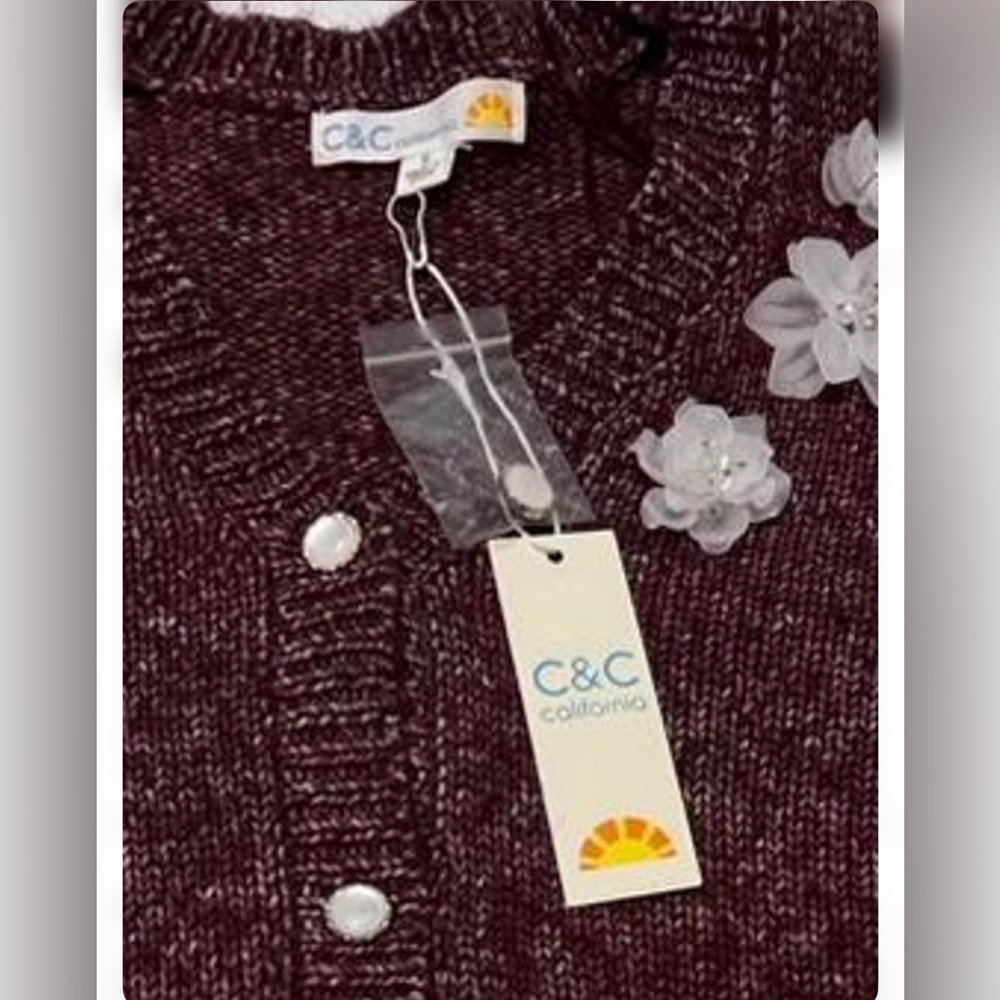 NWT C&C California Burgundy Floral-Appliqué Pearl-Button Cardigan - Picture 3 of 7